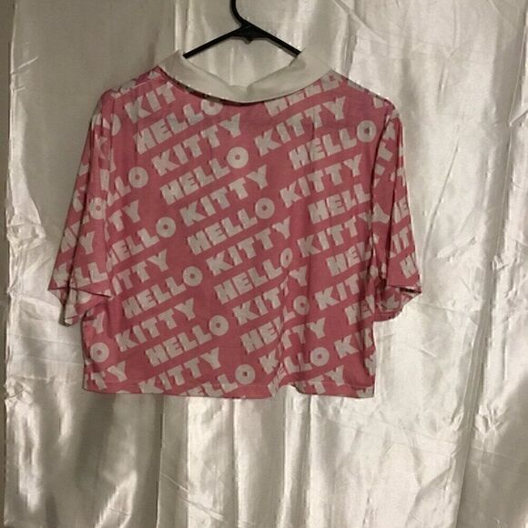Hello Kitty Pink White Button Up Cropped Polo Short Sleeve Monogram Shirt 1XL - Picture 2 of 6